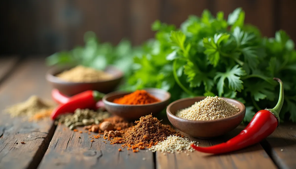 Eye-level view of fresh Thai herbs and spices arranged on a wooden table
