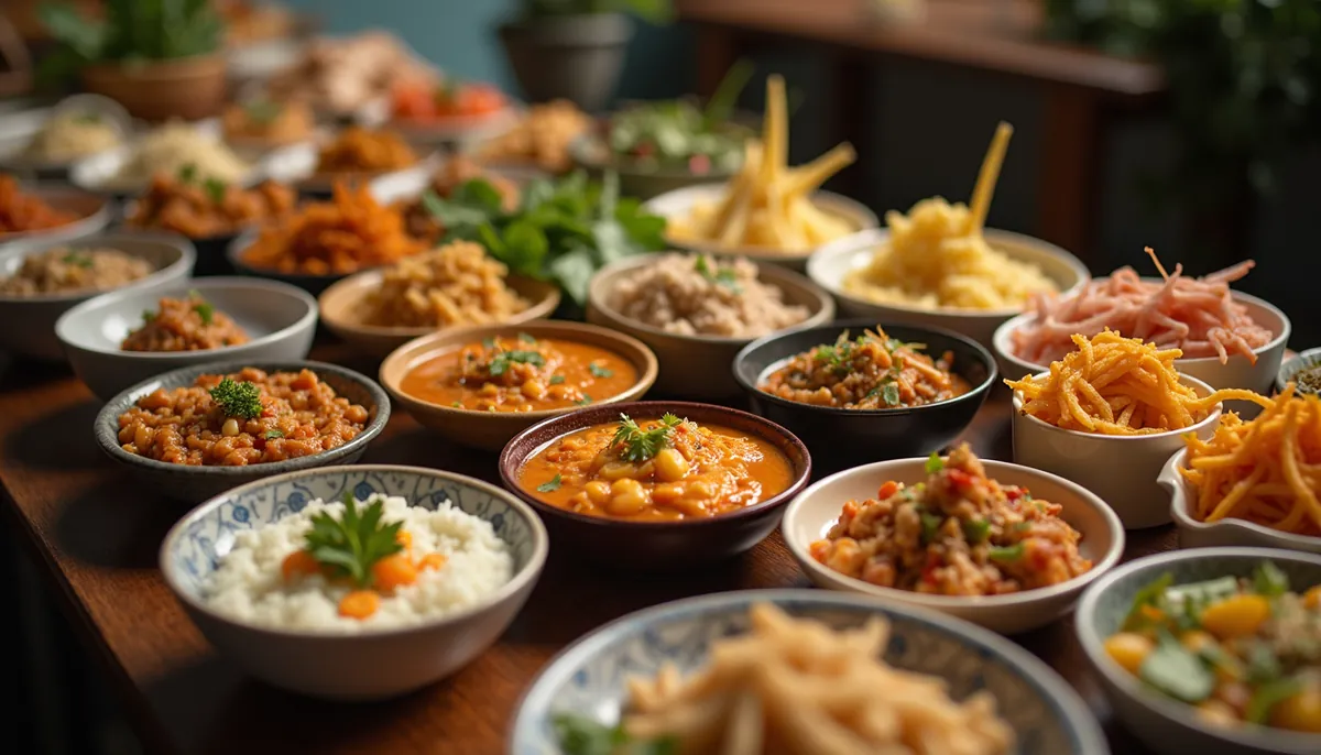 High angle view of a beautifully arranged Thai catering spread with various dishes