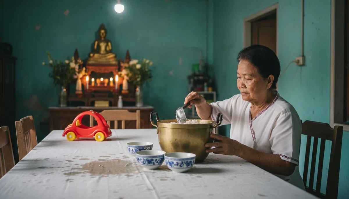 Thai woman serving rice in traditional dining room
