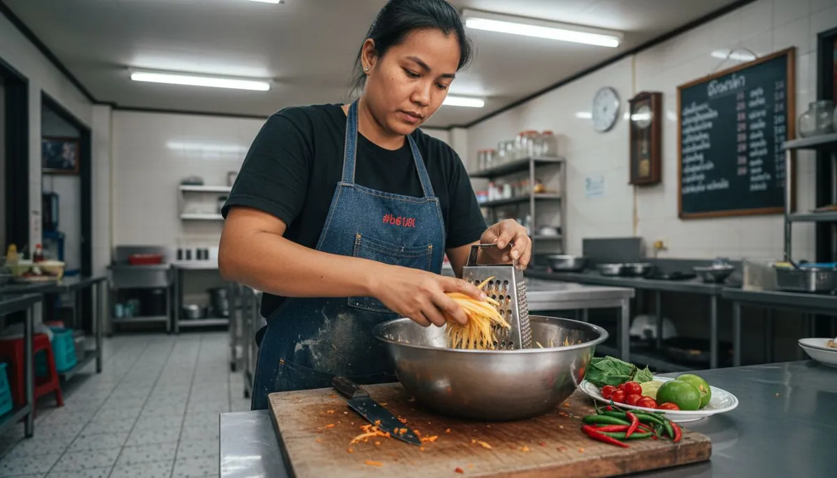 Chef preparing som tam Thai papaya salad