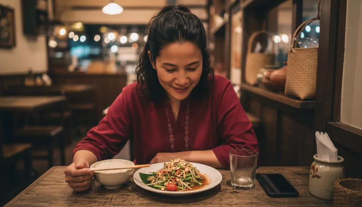 Woman mindfully savoring Thai meal