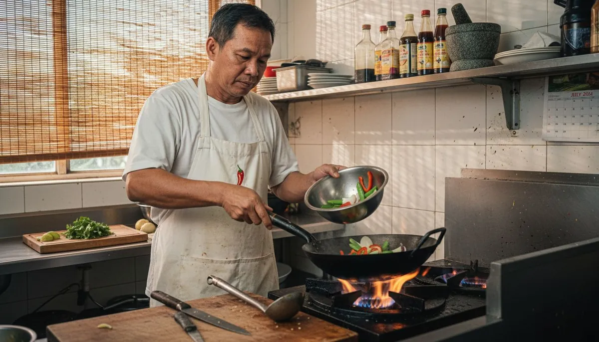 Chef cooking with wok in Thai kitchen