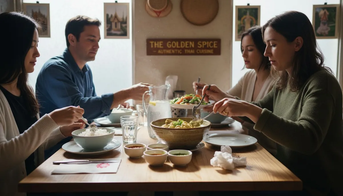 Family sharing meal in Thai restaurant