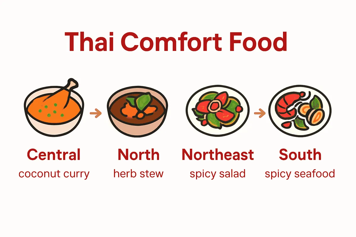 Infographic showing regional Thai comfort food dishes with icons and labels.